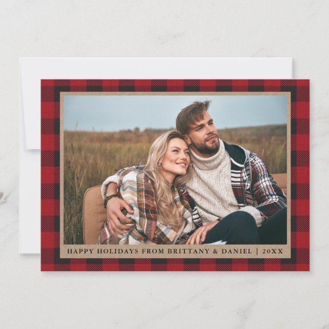 Tarjeta Festiva Red Plaid Happy Holidays Kraft Couple Photo (Anverso)