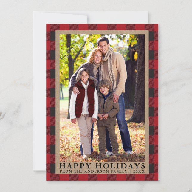 Tarjeta Festiva Red Plaid Happy Holidays Kraft Family Photo (Anverso)