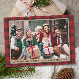 Tarjeta Festiva Red Plaid Happy Holidays Kraft Family Photo