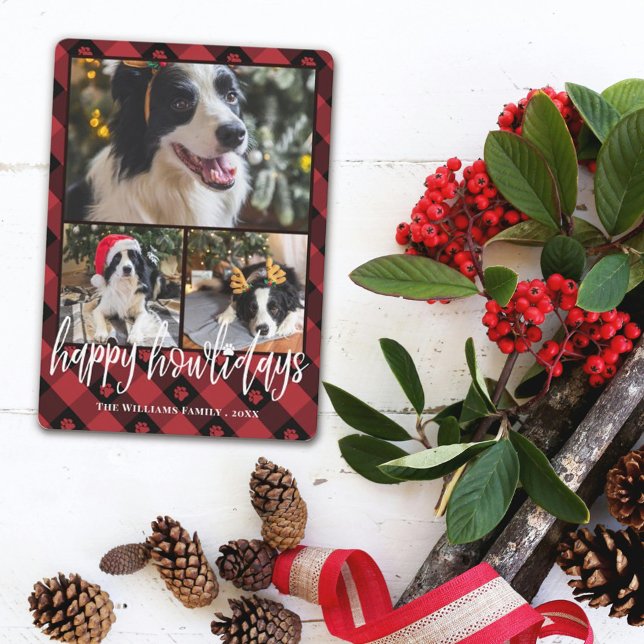 Tarjeta Festiva Red Plaid Happy Howlidays Dog Collage de fotos (Subido por el creador)