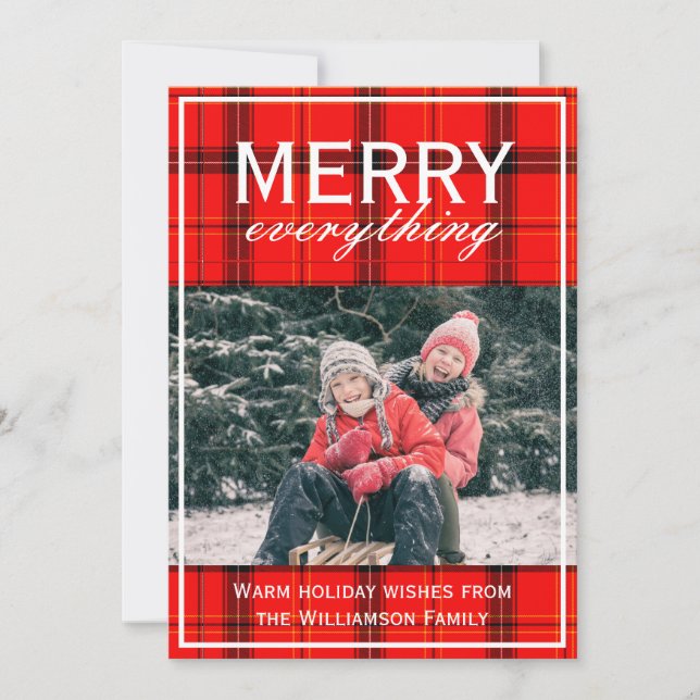 Tarjeta Festiva Red Plaid Merry Everything Family Photo Navidades (Anverso)