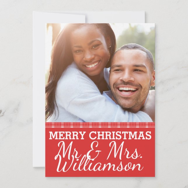 Tarjeta Festiva Red Plaid Mr. & Mrs Christmas Photo Card (Anverso)