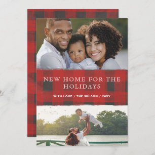 Tarjeta Festiva Red Plaid New Home for Holidays Photo Moving