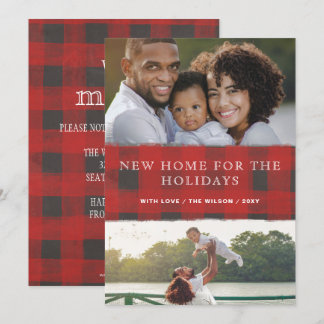 Tarjeta Festiva Red Plaid New Home for Holidays Photo Moving
