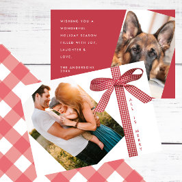 Tarjeta Festiva Red Plaid Ribbon Simple 2 Photo Christmas