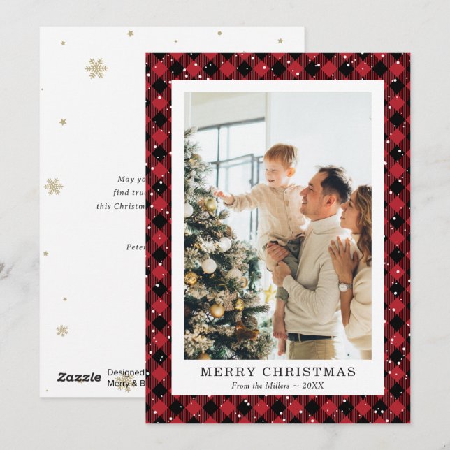 Tarjeta Festiva Red Plaid Snow Foto Merry Christmas Card (Anverso / Reverso)