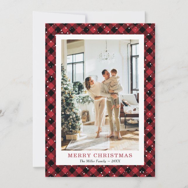Tarjeta Festiva Red Plaid Snowowy Photo Merry Christmas Card (Anverso)