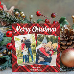Tarjeta Festiva Red Plaid Tartan Merry Christmas 2 Family Photo<br><div class="desc">Un clásico tartán de manta roja detrás de tu collage de fotos de 2 vacaciones verticales de la familia para una tarjeta navideña festiva tradicional. Sencillas y bellas tarjetas de Navidad que incluyen dos fotografías.</div>