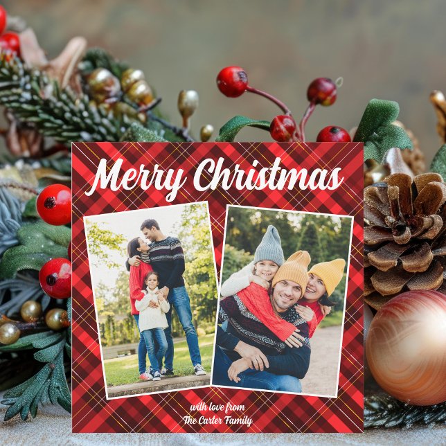 Tarjeta Festiva Red Plaid Tartan Merry Christmas 2 Family Photo (Subido por el creador)
