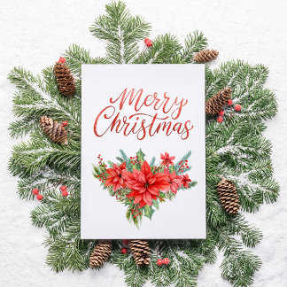 Tarjeta Festiva Red Poinsettia Classic Simple Merry Christmas