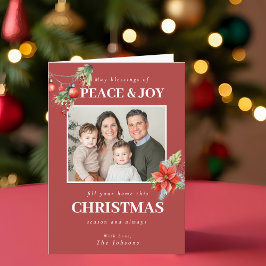 Tarjeta Festiva Red Poinsettia Family Photo Christmas
