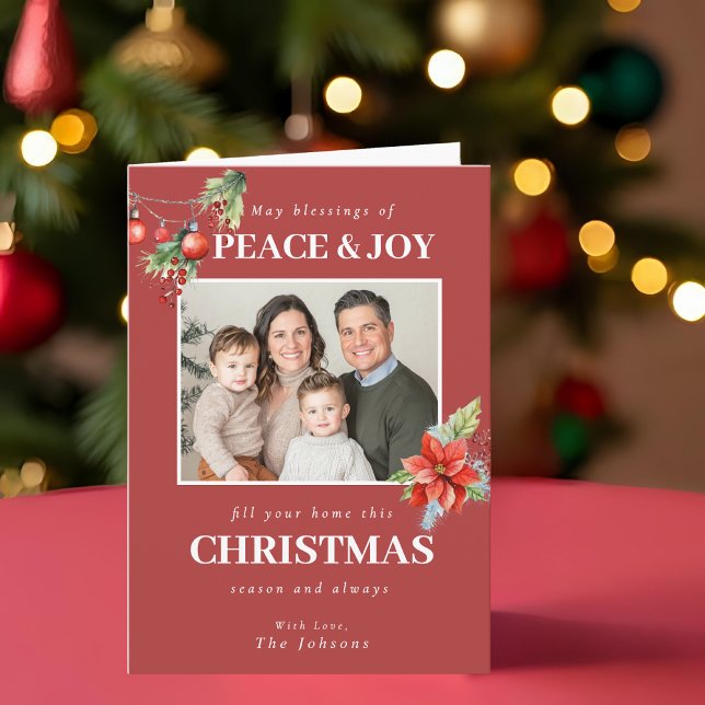 Tarjeta Festiva Red Poinsettia Family Photo Christmas (Subido por el creador)