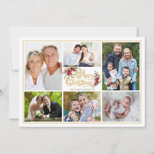 Tarjeta Festiva Red Poinsettia Merry Christmas Collage de fotos (Anverso)