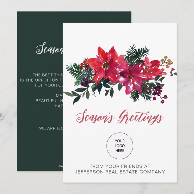 Tarjeta Festiva Red Poinsettias Holly Company Logo Business (Anverso / Reverso)
