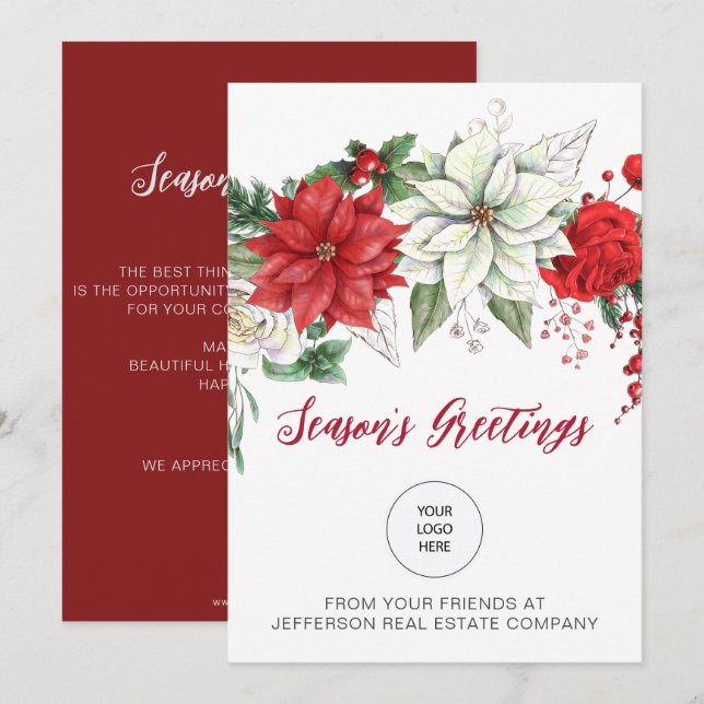 Tarjeta Festiva Red Poinsettias Holly Company Logo Business (Anverso / Reverso)