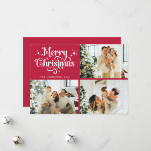 Tarjeta Festiva Red Retro Merry Christmas Family Collage de fotos