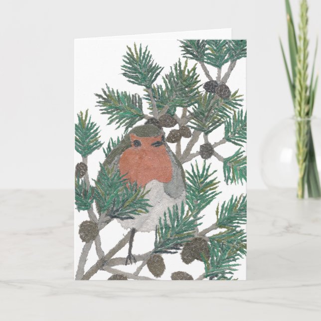 Tarjeta Festiva Red Robin, Pine Tree, Bird Art, Holiday (Anverso)