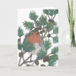 Tarjeta Festiva Red Robin, Pine Tree, Bird Art, Holiday