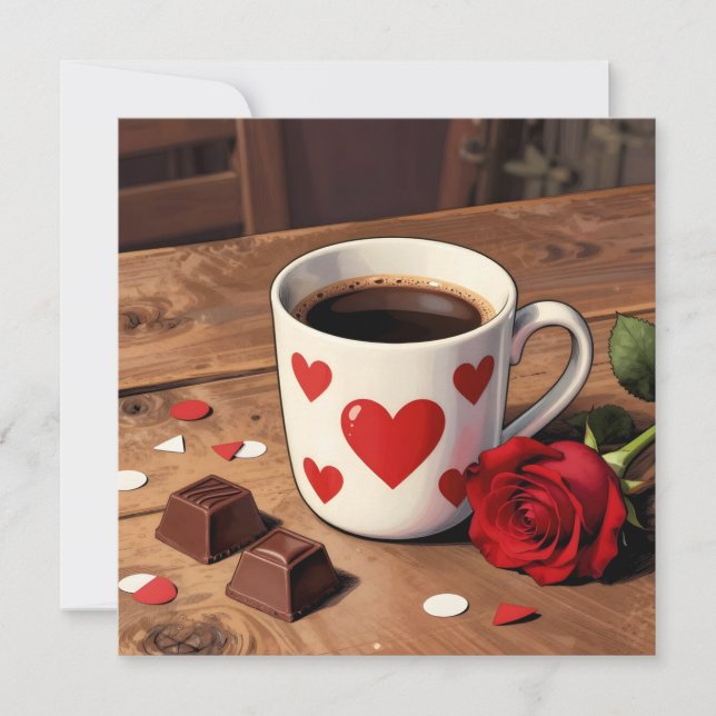 Tarjeta Festiva Red Rose, Chocolates and Coffee | Valentine's Day (Anverso)