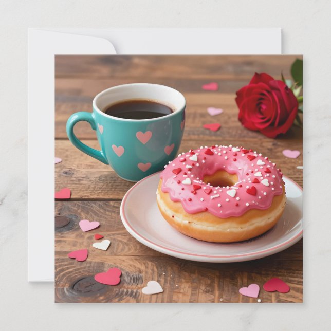 Tarjeta Festiva Red Rose, Donut and Coffee | Valentine's Day (Anverso)