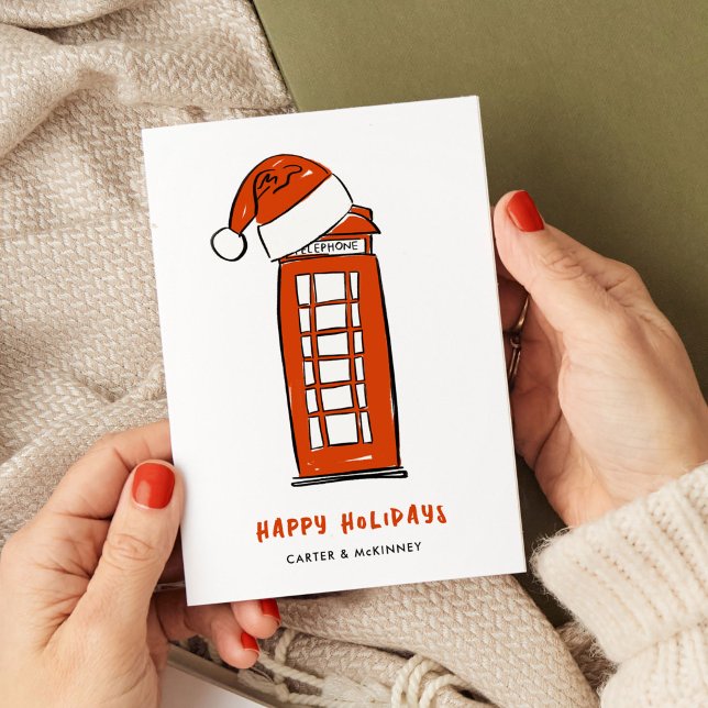 Tarjeta Festiva Red Santa Hat London Red Phone Box Business (Red Santa Hat London Red Telephone Box Illustrated Business Holiday Card)