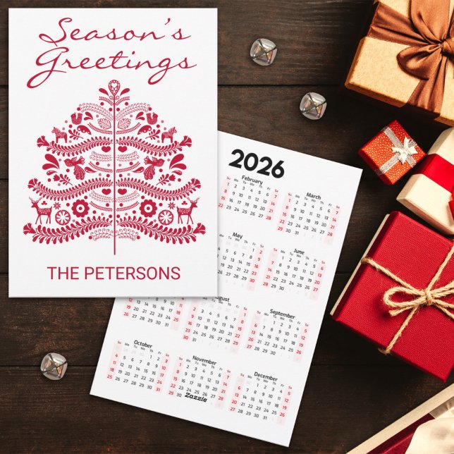 Tarjeta Festiva Red Scandinavian Folk Art Christmas Tree Calendar (Subido por el creador)