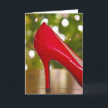 Tarjeta Festiva Red Shoe Christmas<br><div class="desc">Red high heel shoe with Christmas tree bokeh lights.</div>