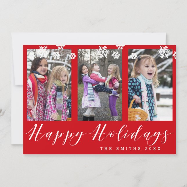 Tarjeta Festiva Red & Snowflakes Happy Holidays Collage de fotos c (Anverso)