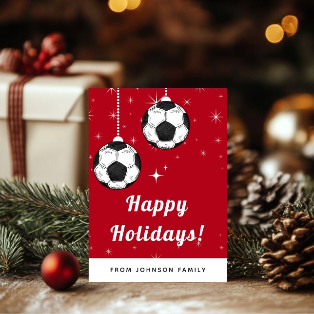 Tarjeta Festiva Red & Sparkly Soccer Ball Ornament Tema Deportivo (Subido por el creador)