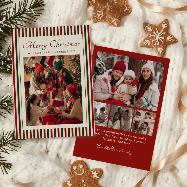 Tarjeta Festiva Red Stripe Family Photo Christmas Holiday Card (Subido por el creador)