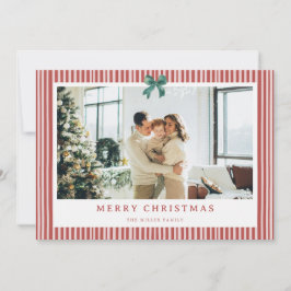 Tarjeta Festiva Red Stripe Green Bow Christmas Photo Holiday Card