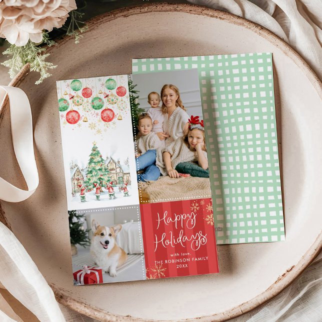 Tarjeta Festiva Red Stripes Winter Village Happy Holidays 2 Photo (Subido por el creador)