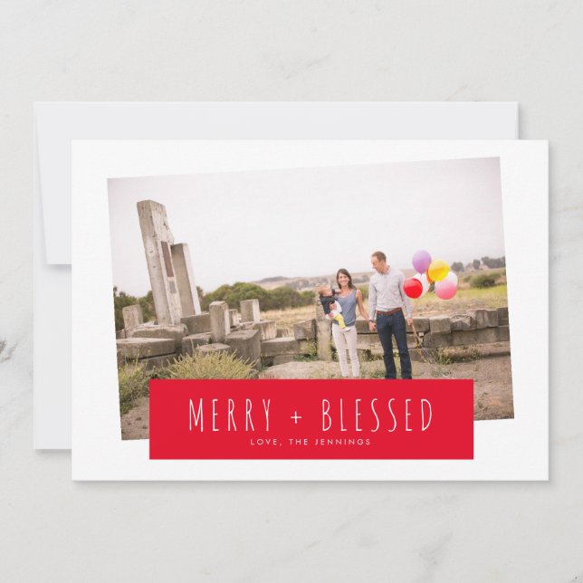 Tarjeta Festiva Red Stripy Block Merry & Blessed Photo (Anverso)