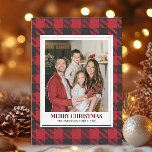 Tarjeta Festiva Red Tartan Plaid with Christmas Family Photo