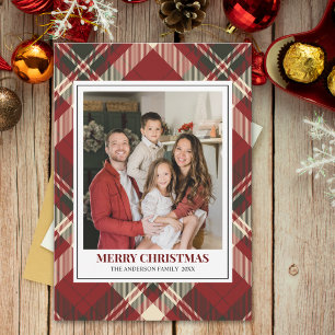 Tarjeta Festiva Red Tartan Plaid with Christmas Family Photo