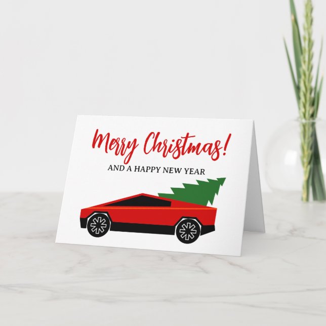 Tarjeta Festiva Red Tesla truck with Christmas tree in the back (Anverso)