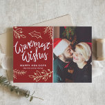 Tarjeta Festiva Red Warmest Wishes Modern Calligraphy Photo<br><div class="desc">Envíe sus mejores deseos a amigos y familiares con esta tarjeta de Navidades de personalizable. Esta tarjeta fotográfica de vacaciones cuenta con caligrafía moderna con acentos fológicos. Personalice agregando sus detalles. Esta tarjeta de Navidad personalizado está disponible en otros colores y material de cartón. Los elementos coincidentes están disponibles.</div>