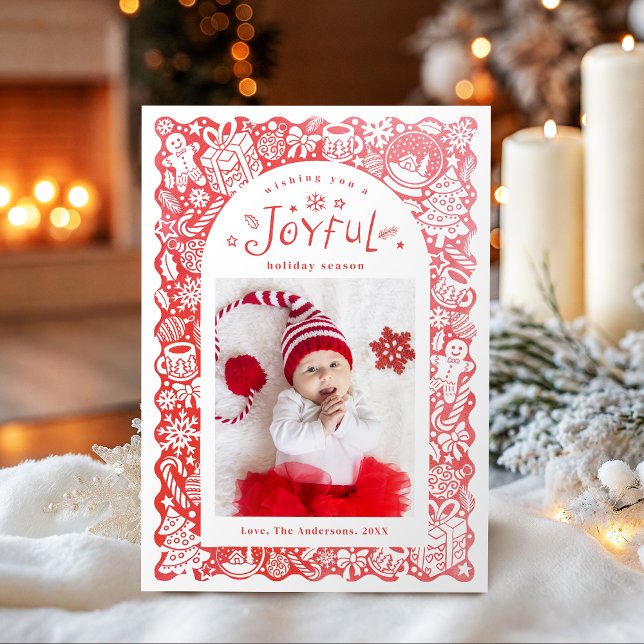 Tarjeta Festiva Red Whimsical Hand Drawn Joyful Holiday Photo (Red Whimsical Hand Drawn Joyful Holiday Photo)