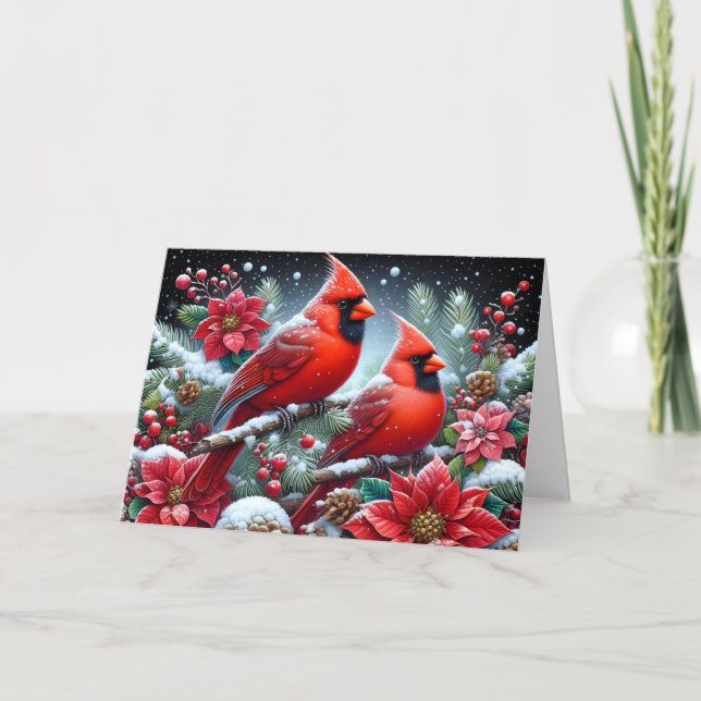 Tarjeta Festiva Red Winter Cardinal in Poinsettias Christmas (Anverso)