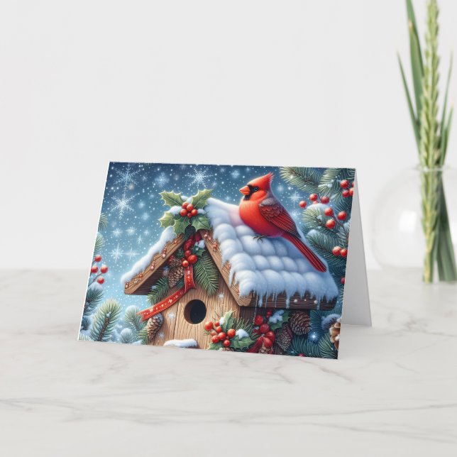 Tarjeta Festiva Red Winter Cardinal on Birdhouse Christmas (Anverso)