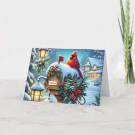 Tarjeta Festiva Red Winter Cardinal on Mailbox Christmas