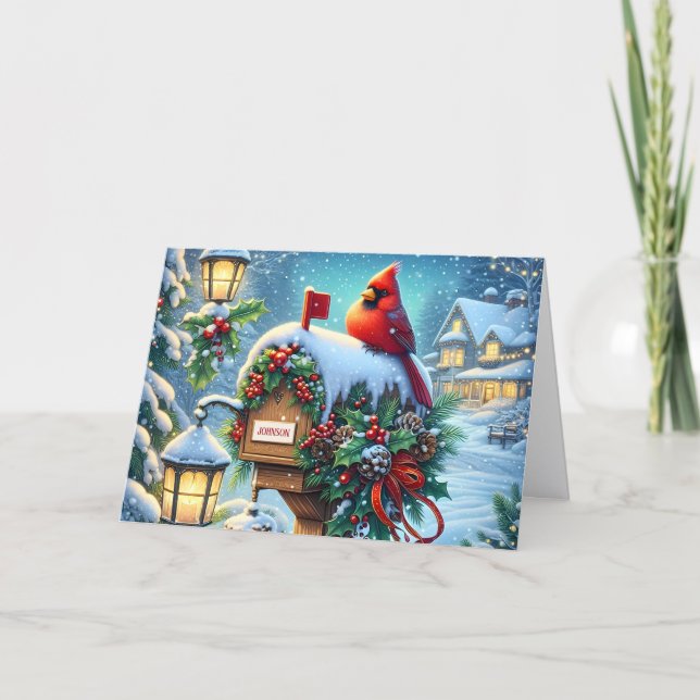Tarjeta Festiva Red Winter Cardinal on Mailbox Christmas (Anverso)