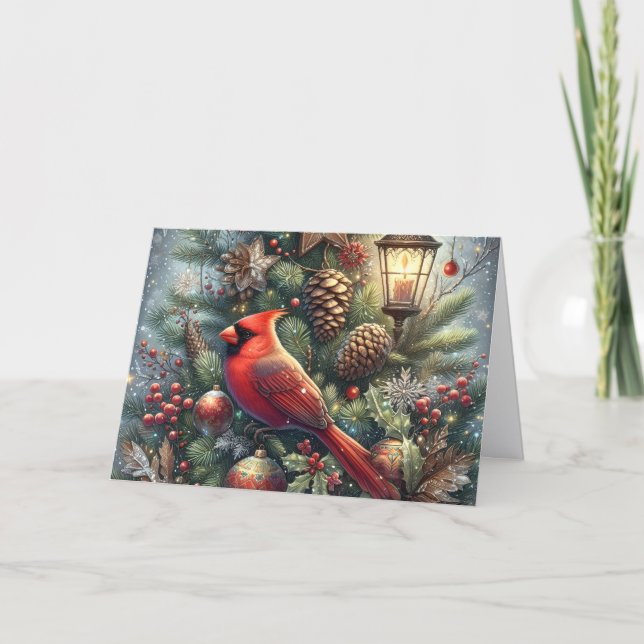 Tarjeta Festiva Red Winter Cardinal with Lantern Christmas (Anverso)