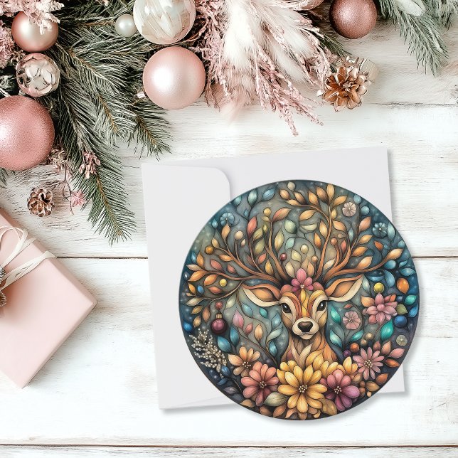 Tarjeta Festiva Redonda de Personalizable de renos caprichosos (Whimsical Reindeer Customizable Round Holiday Card)