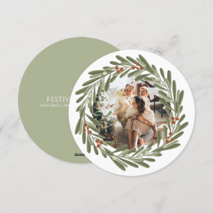 Tarjeta Festiva Redondeo personalizado de marco de foto Wreath par