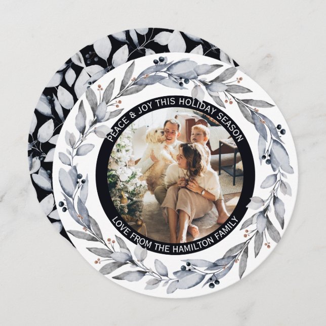 Tarjeta Festiva Redondeo personalizado de marco de foto Wreath par (Anverso / Reverso)