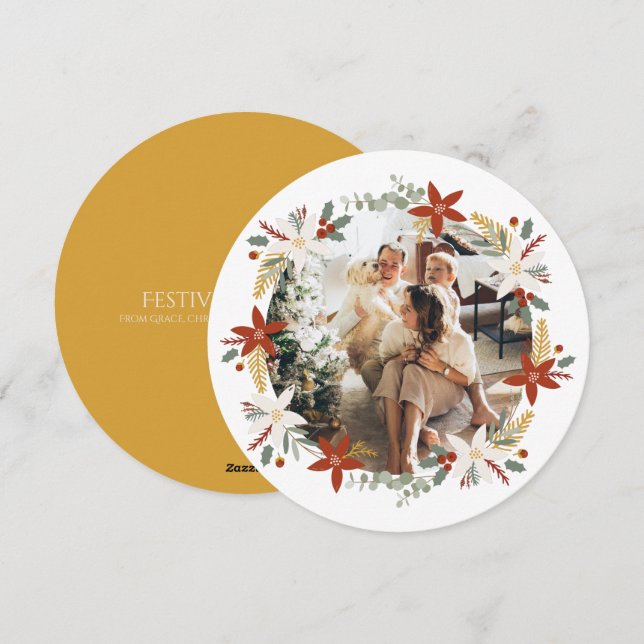 Tarjeta Festiva Redondeo personalizado de marco de foto Wreath par (Anverso / Reverso)