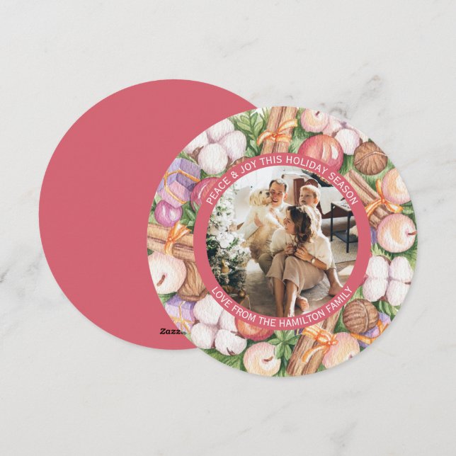 Tarjeta Festiva Redondeo personalizado de marco de foto Wreath par (Anverso / Reverso)