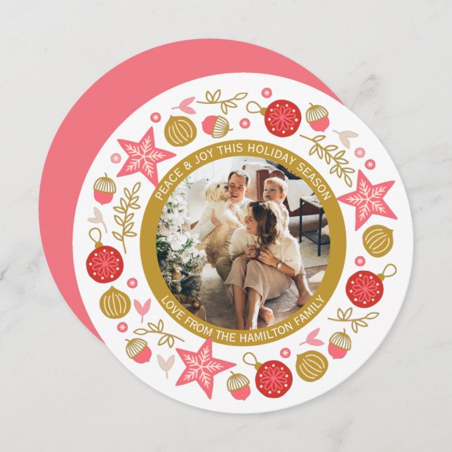 Tarjeta Festiva Redondeo personalizado de marco de foto Wreath par (Anverso / Reverso)