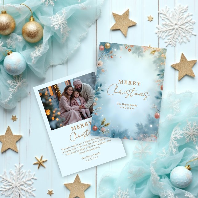 Tarjeta Festiva Refined Minimalist Light Blue and Gold Nordic  (Light Blue and Gold Nordic Christmas Holidays Cards with Refined Minimalist Design and Back Photo. )